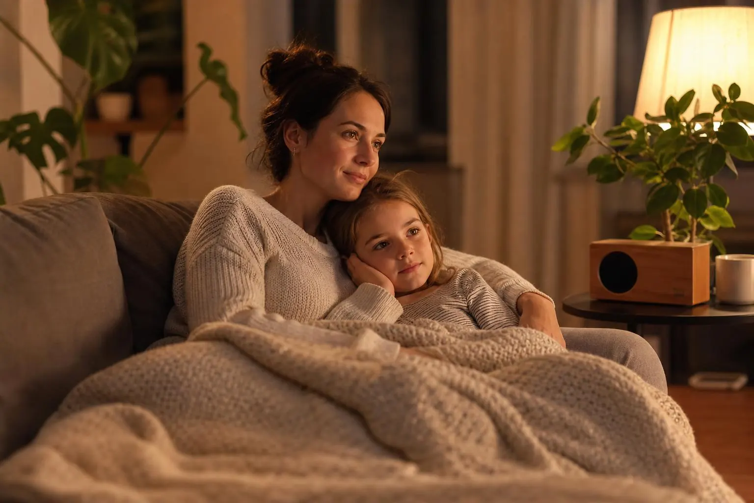 Mutter und Kind hören gemeinsam unter einer Decke