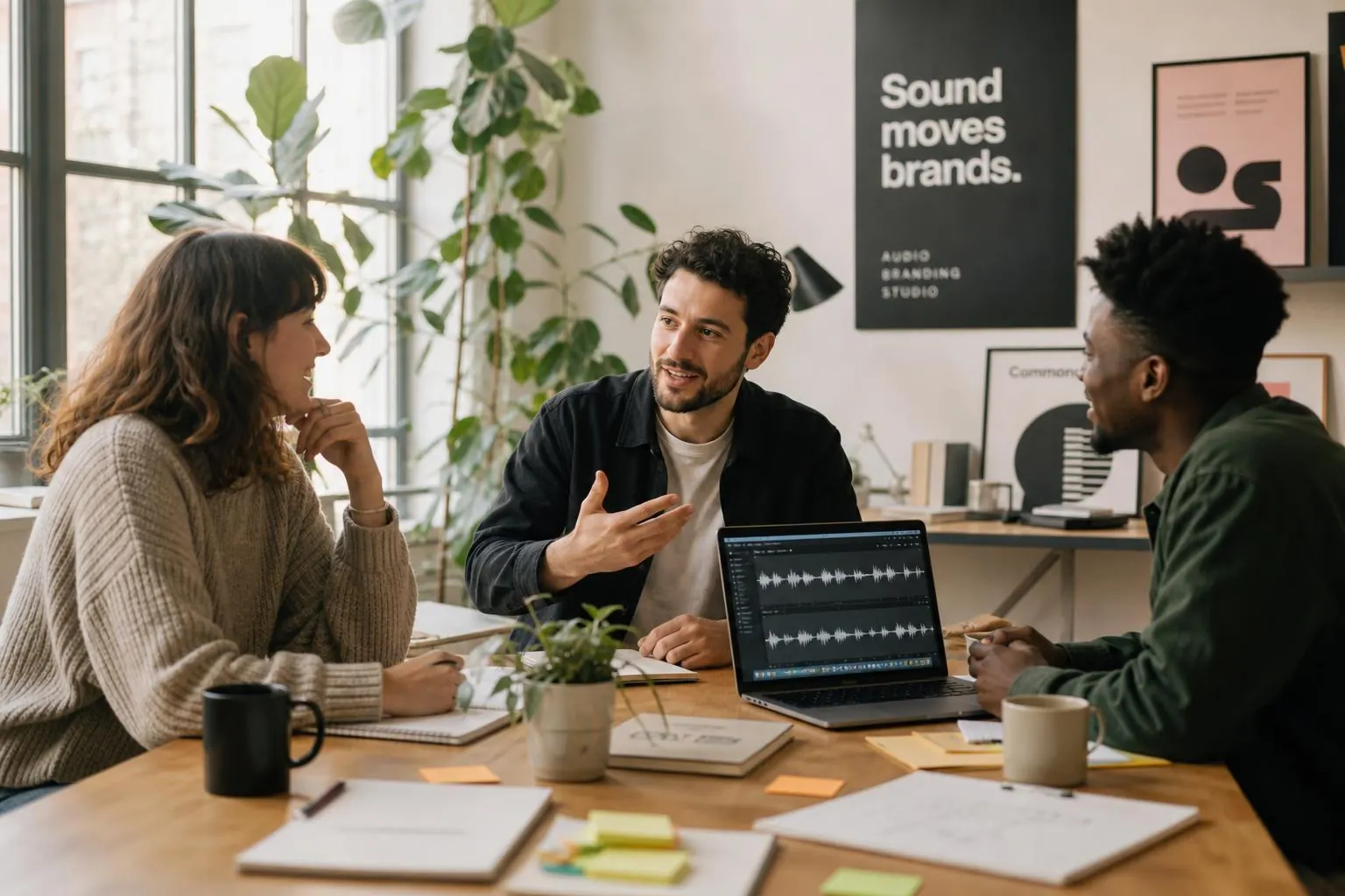 Kreativteam entwickelt am Tisch ein Audio-Format