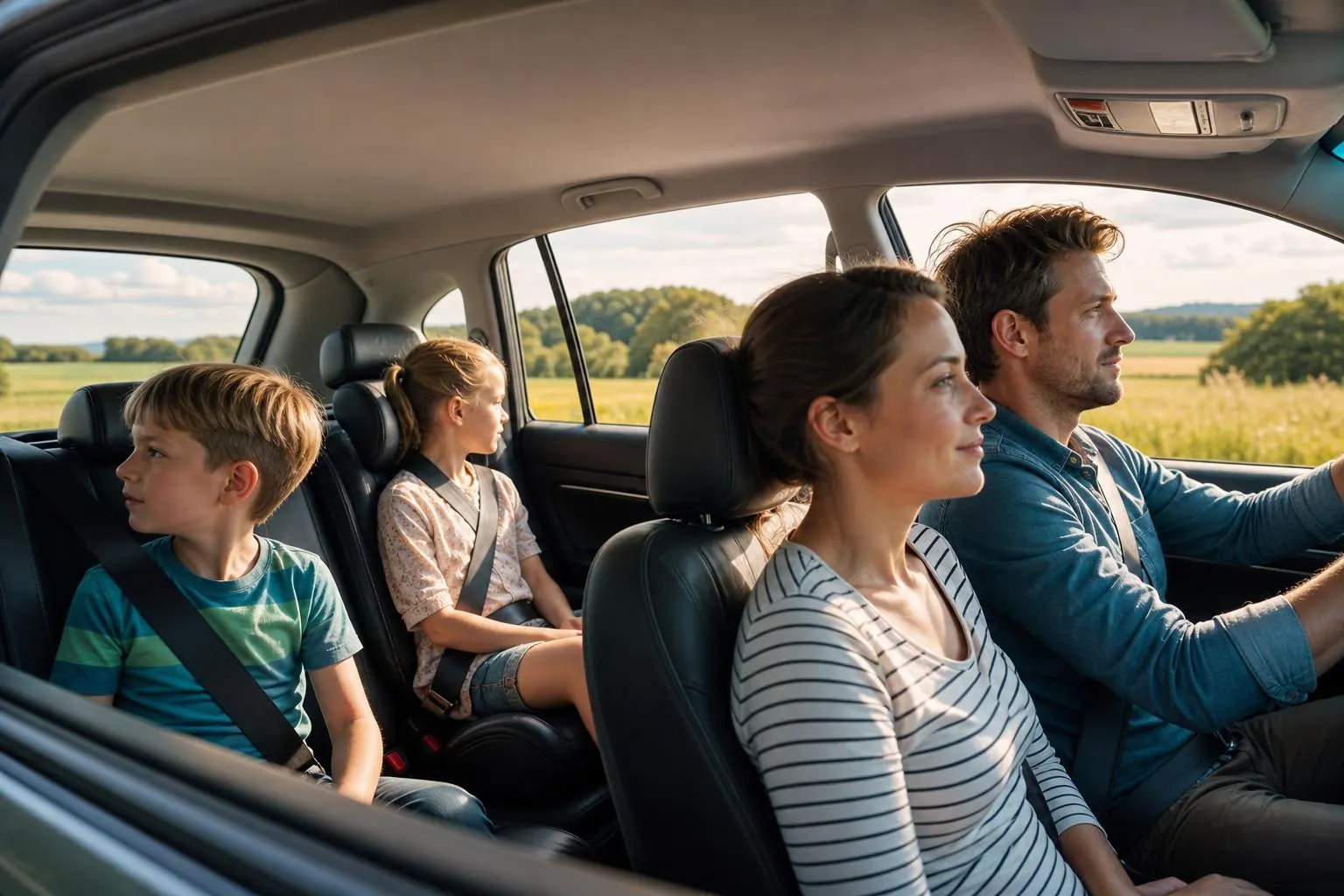 Familie auf Autofahrt, Kinder schauen entspannt aus dem Fenster