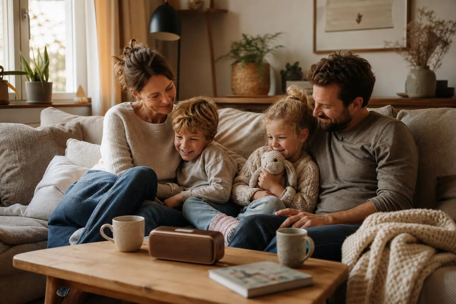 Eltern und Kinder hören gemeinsam auf dem Sofa eine Geschichte