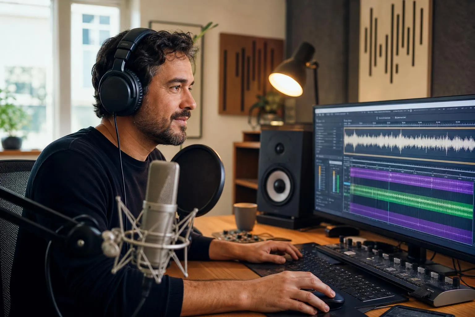 Produzent schneidet Audio im Studio am Schreibtisch