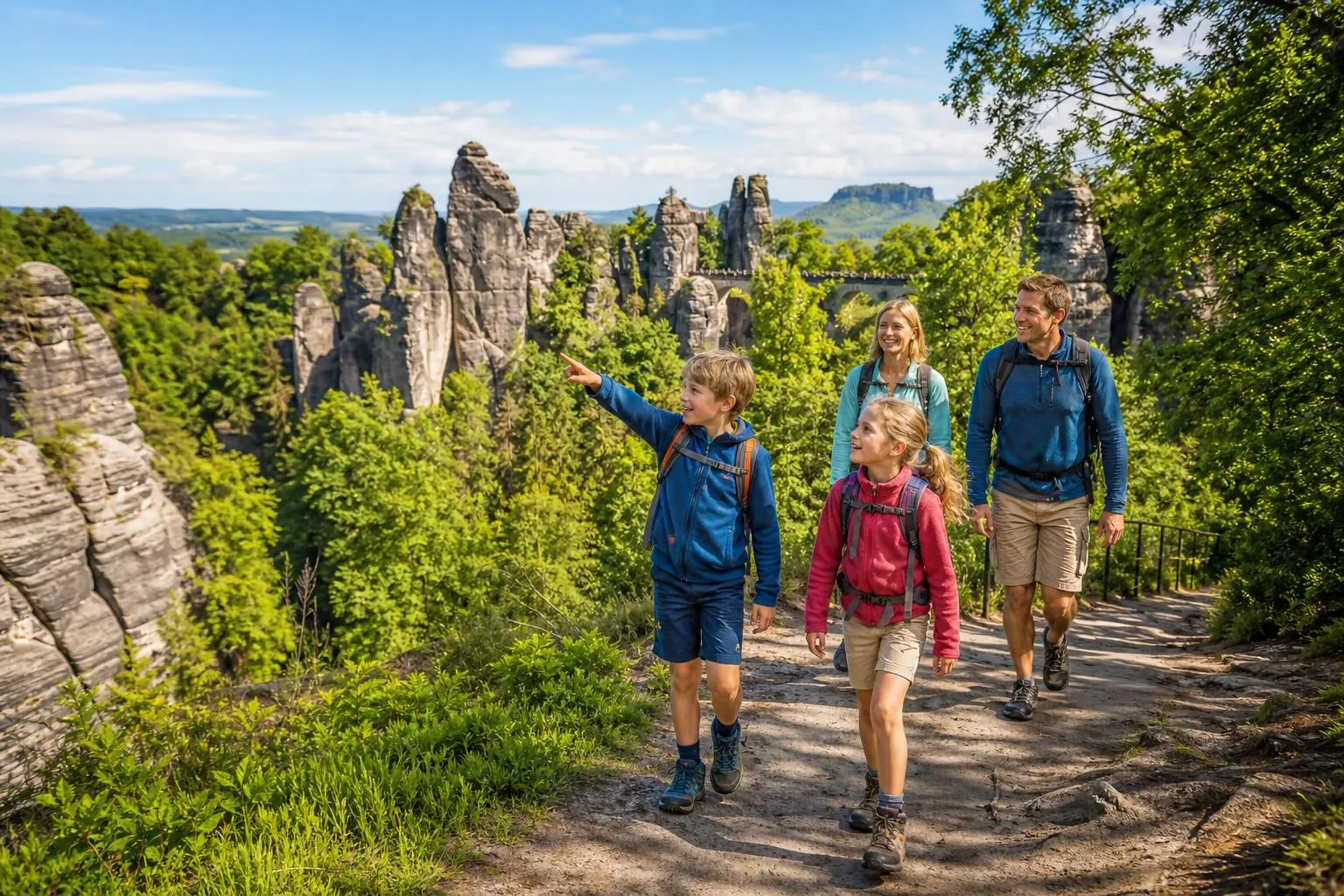 Familie wandert durch das Elbsandsteingebirge