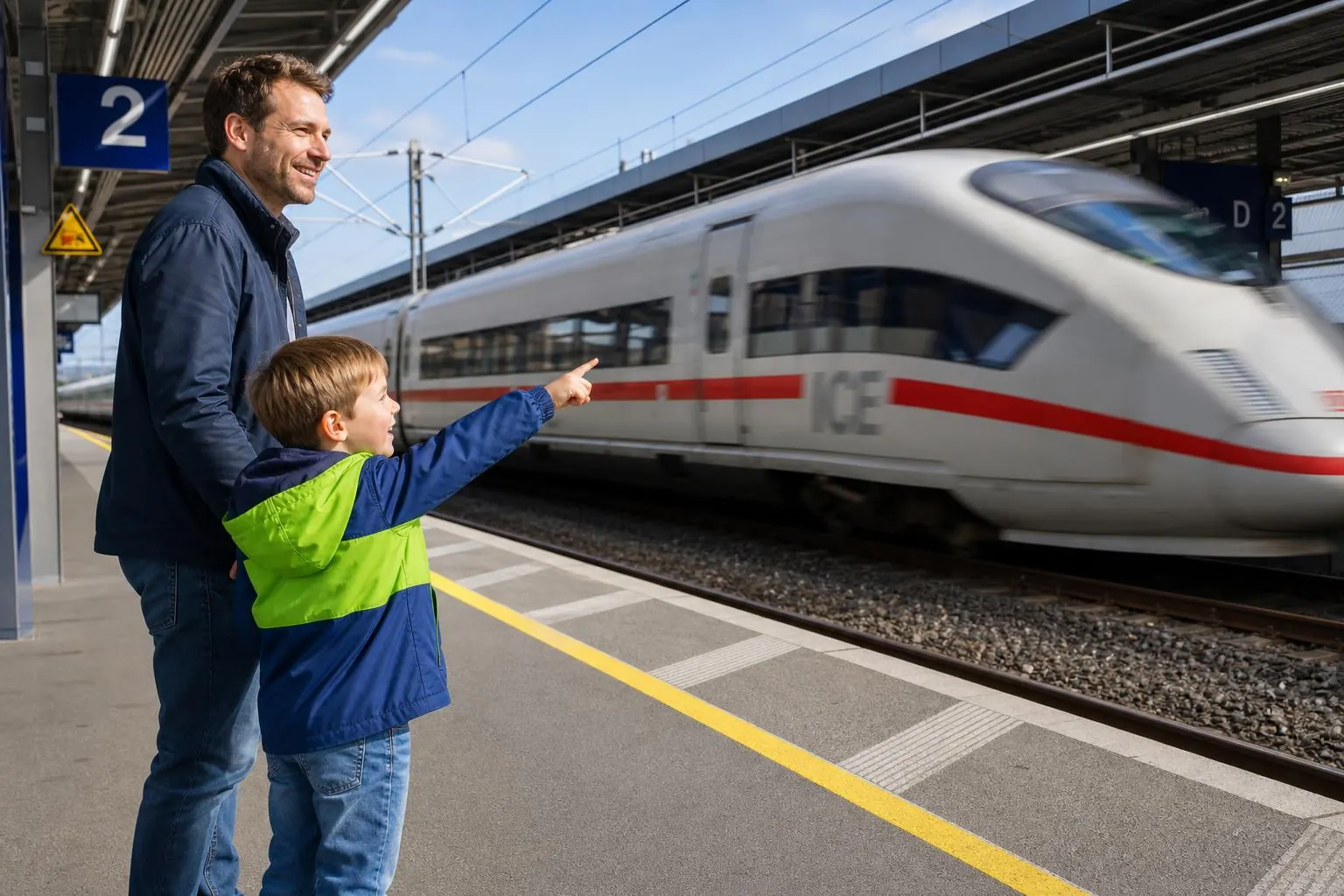 Vater und Kind beobachten einen ICE am Bahnsteig