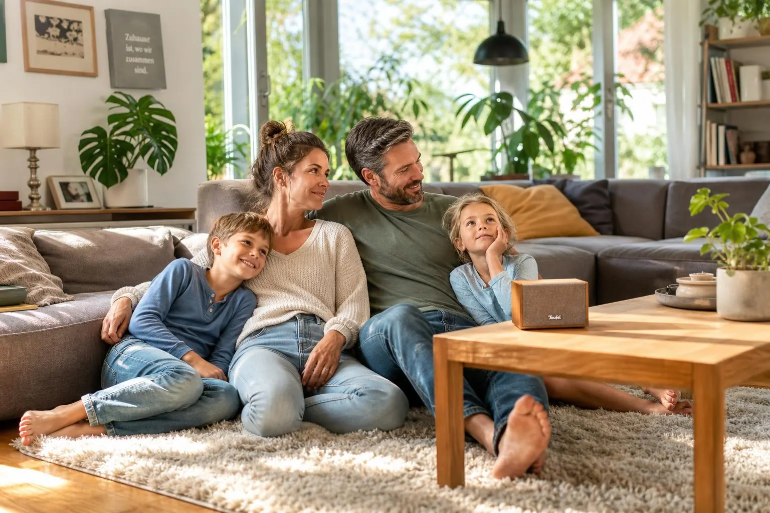 Familie sitzt gemeinsam auf dem Teppich und hört zu
