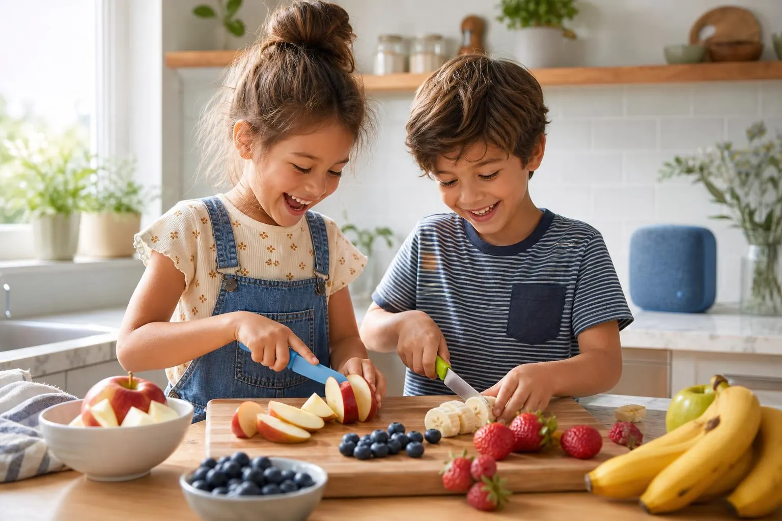 Zwei Kinder schneiden lachend Obst in einer hellen Küche